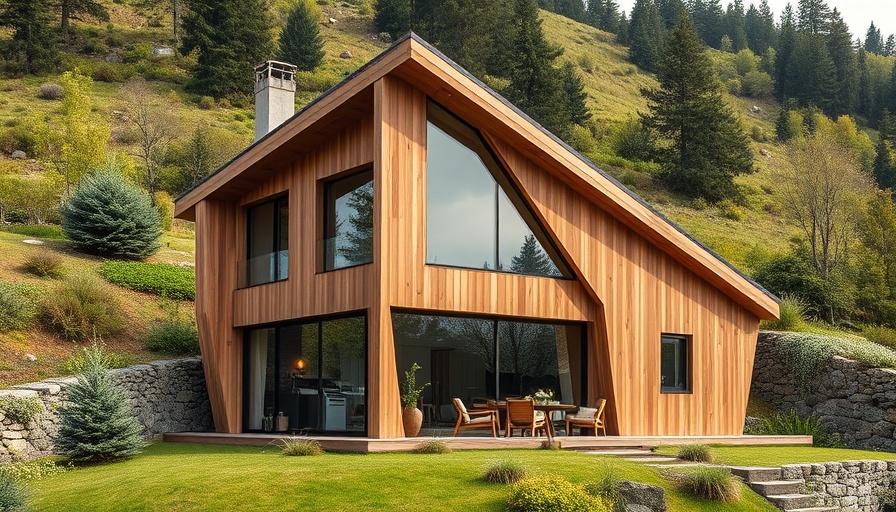 Modern wooden home extension with geometric design, nestled in greenery.