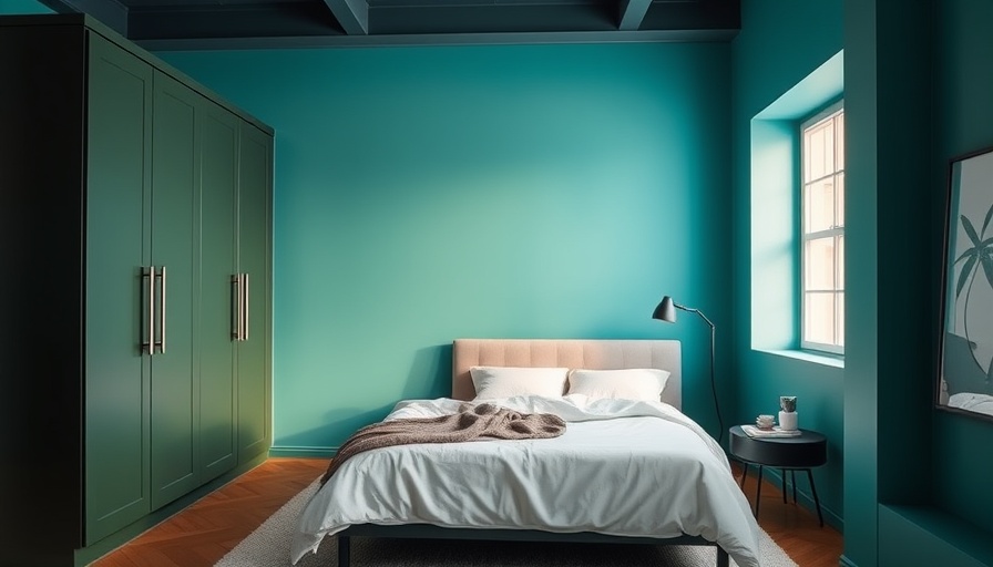 Modern loft conversion bedroom with teal walls and sleek cabinets.