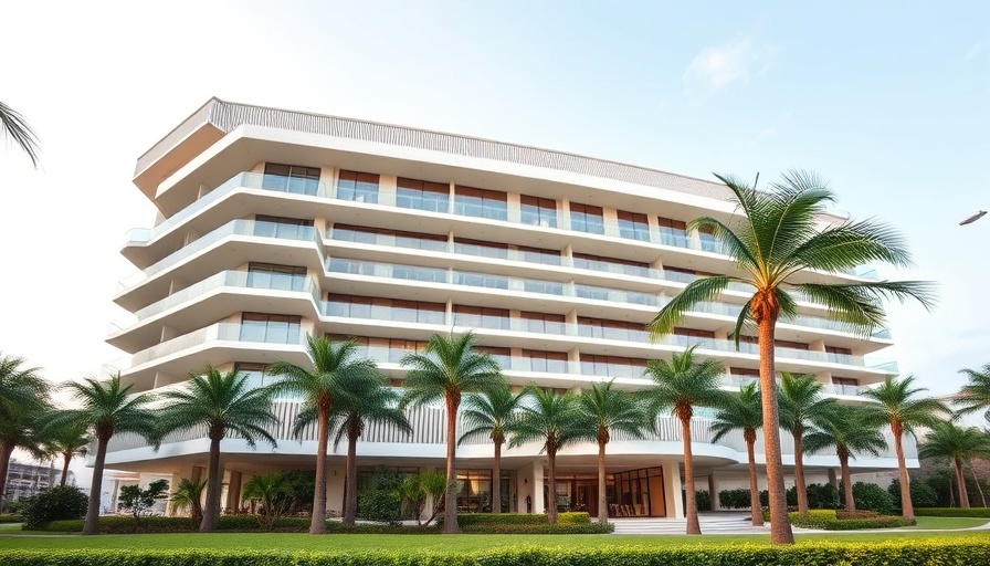 Modern luxury hotel, contemporary design, palm trees, blue sky.
