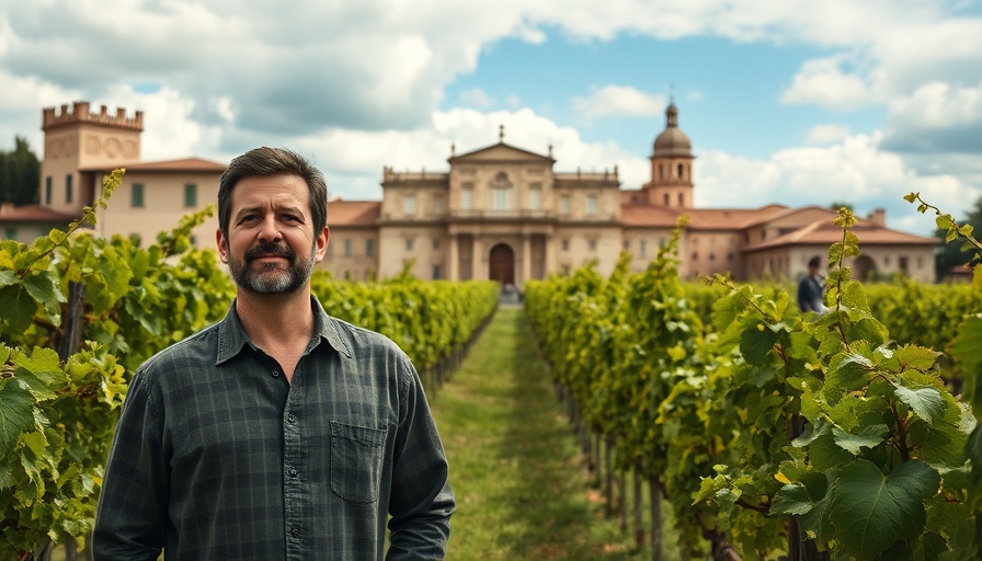 Men in vineyard with historical backdrop reflecting U.S. Tariffs on French Wines.