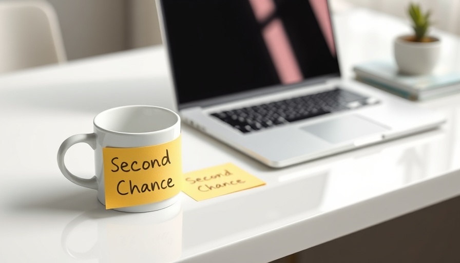White mug with 'Second Chance' note, laptop in background.