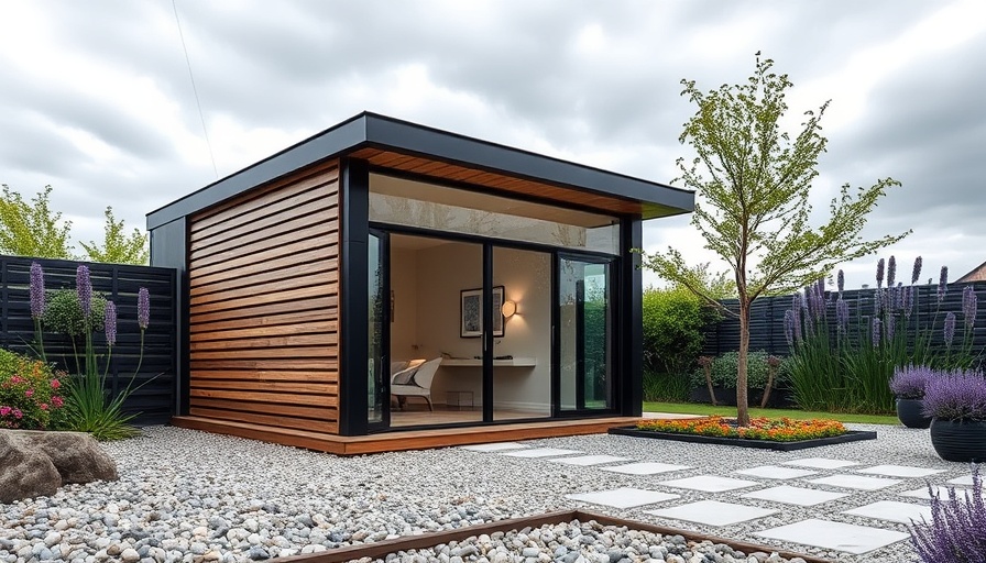 Modern garden room with wooden slats in lush garden, flexible living.
