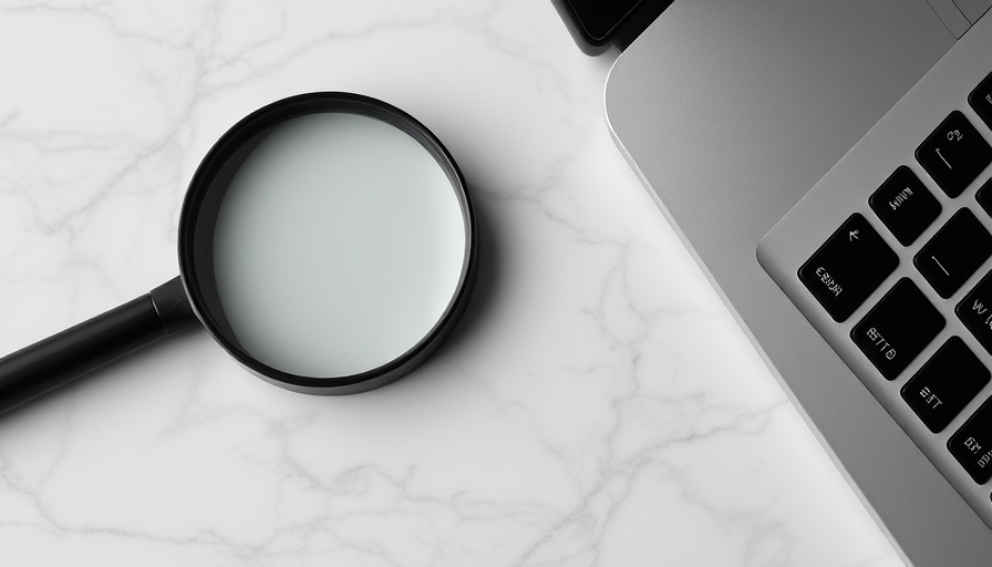Magnifying glass and laptop on marble, representing multilingual SEO optimization.