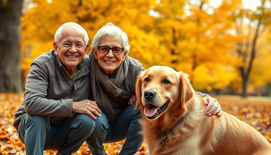 Elderly couple with dog in autumn park, best optometrist for elderly parents.