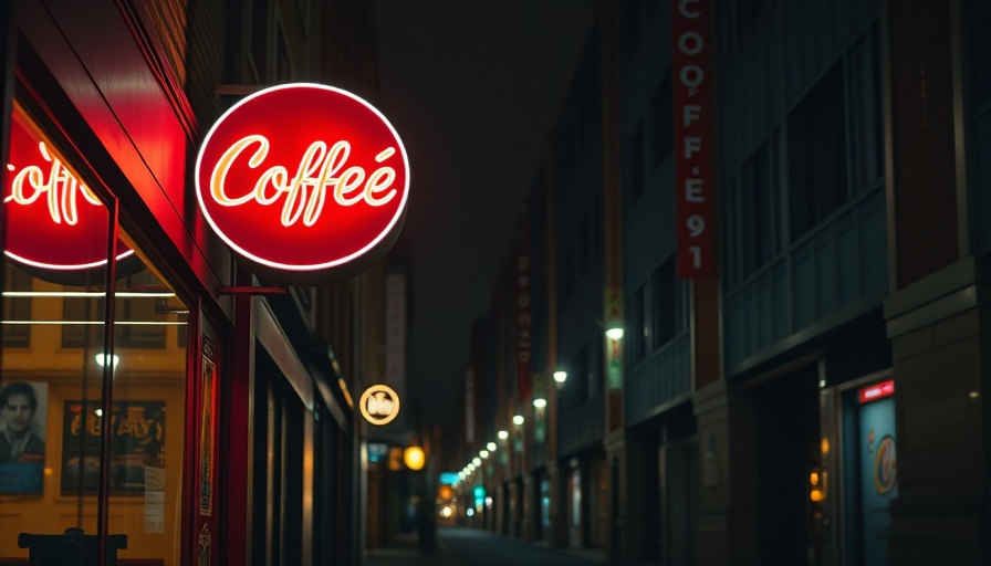 Neon coffee sign on dimly lit street at night.