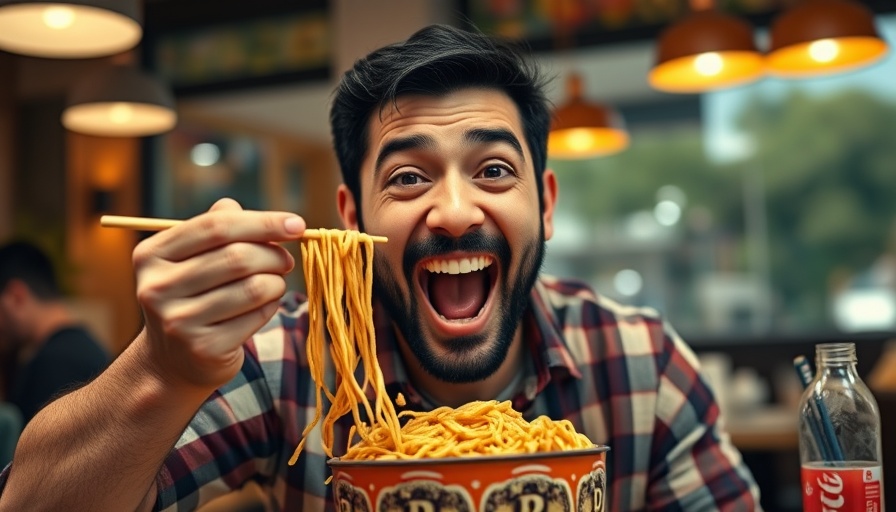 Excited man enjoying authentic Korean cuisine, raising noodles.