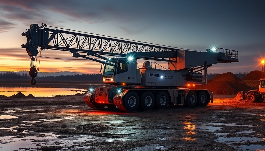 Liebherr HS 8300.2 duty cycle crawler crane at construction site at dawn.