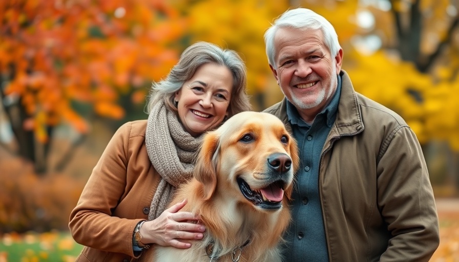 Older couple with dog in autumn park highlighting eye scans and brain health.
