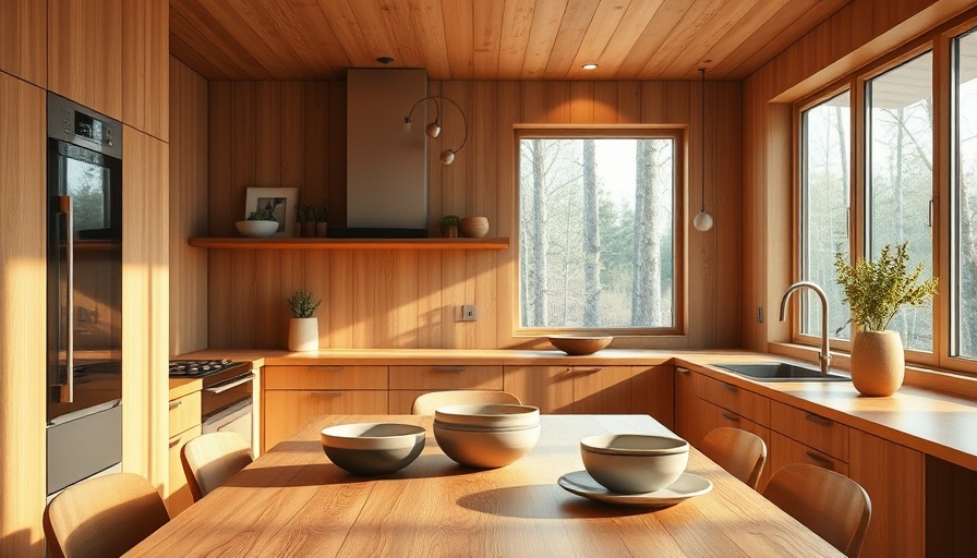 Modern wooden kitchen interior with minimalist design and natural light.