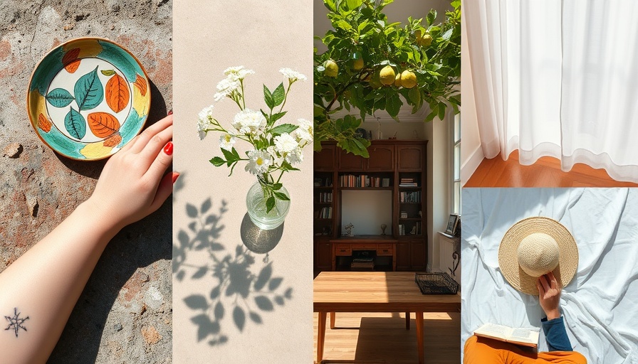 Eclectic collage with painted plate, tattoo, flowers, shadows, and more.