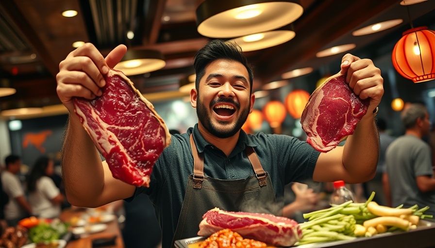 Delighted man with premium aged meat at Korean BBQ in Los Angeles.