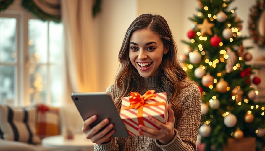 Young woman shopping online during holidays with a gift in hand.