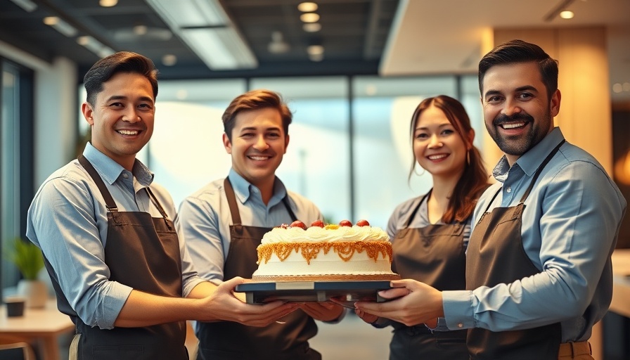 Friendly staff in a luxury hotel near me holding a cake.