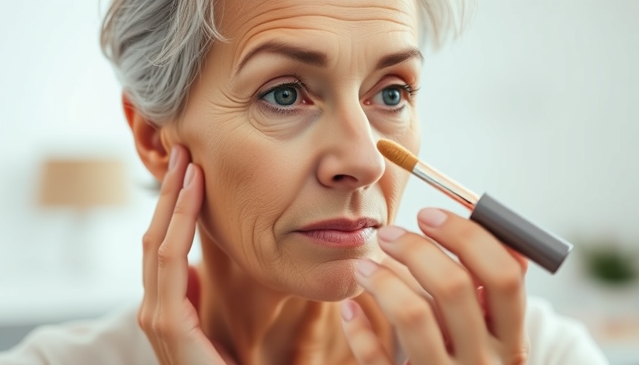 Close-up of mature woman demonstrating a concealer hack indoors.
