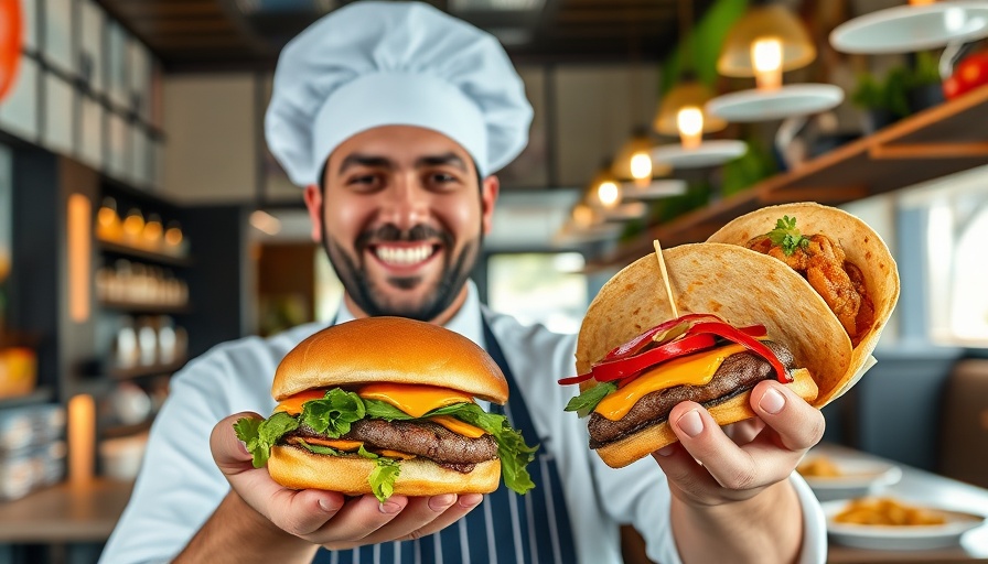Chef showcasing trendy taco and burger at modern joint.