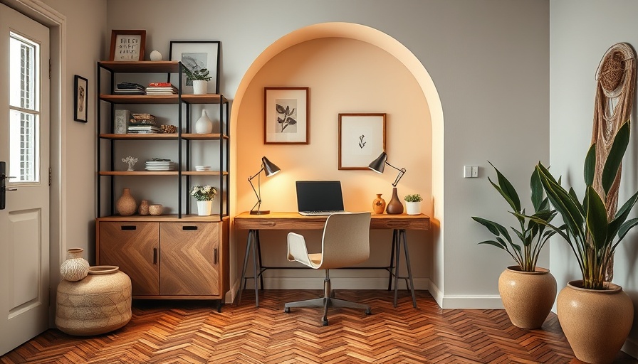 Stylish home extension with workspace and decorative shelving.