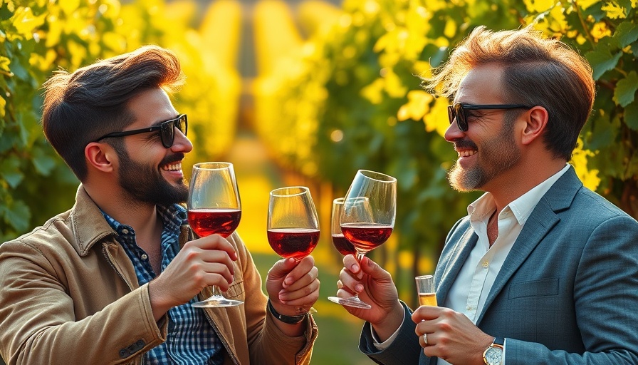 Stylish men in vineyard, enjoying wine near the best wine bar.