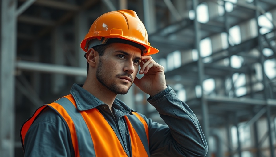Construction worker in safety vest at building site.