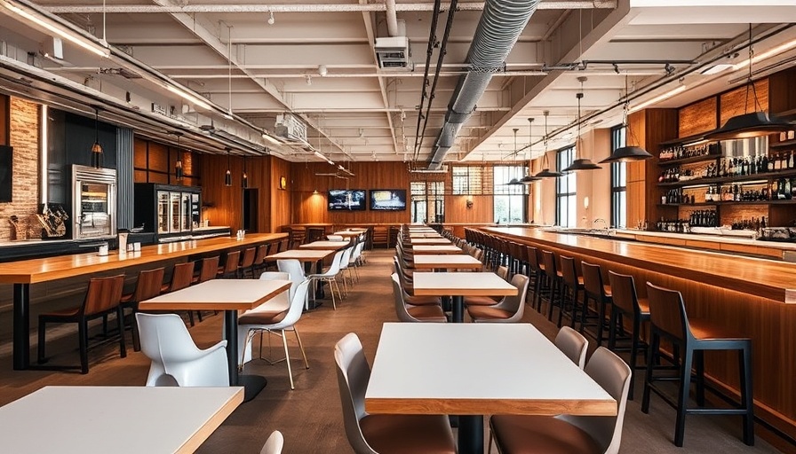 Adaptive reuse in restaurant interior with modern decor and warm lighting.