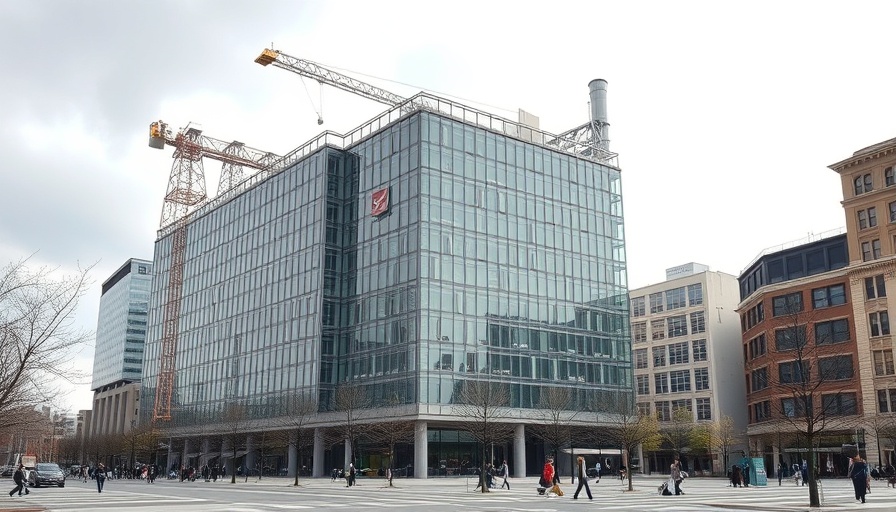 Modern building in city plaza, reflecting construction and architecture law.