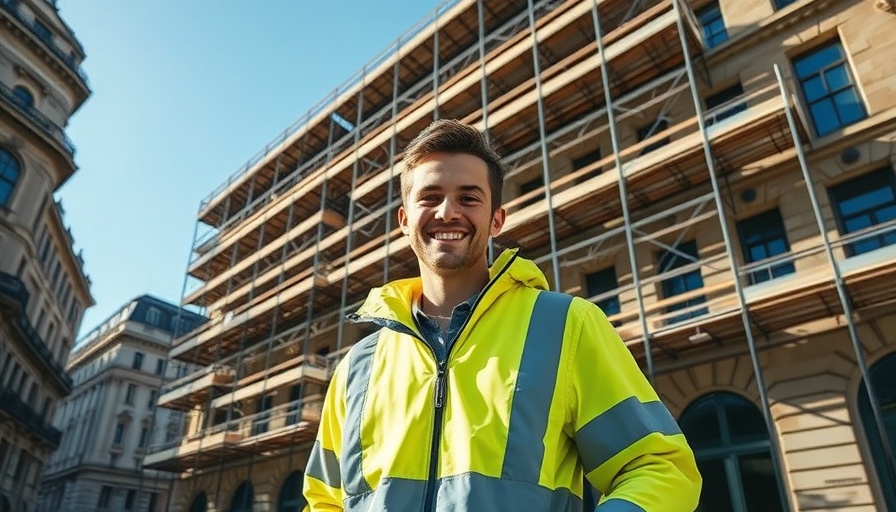 Domestic & Commercial Scaffolding site with a smiling worker in a high-vis jacket.