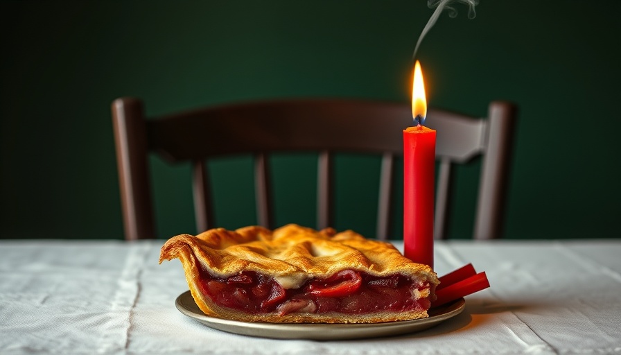 Celebration candle on rhubarb pie with smoke curling.