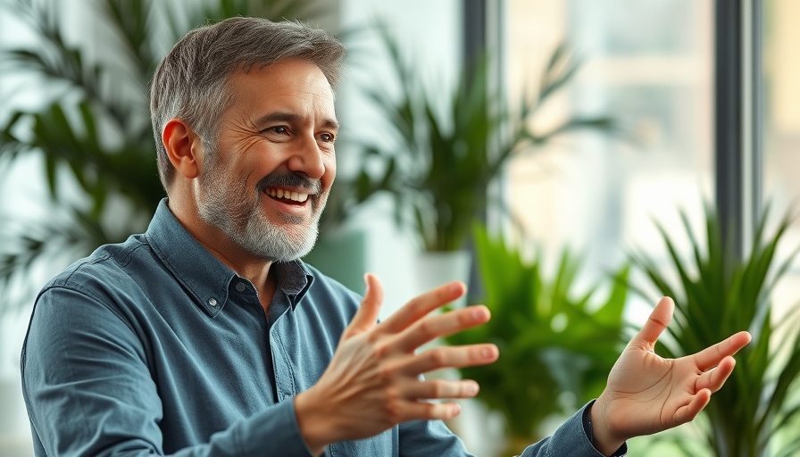 Middle-aged man discussing structured water device health benefits indoors.