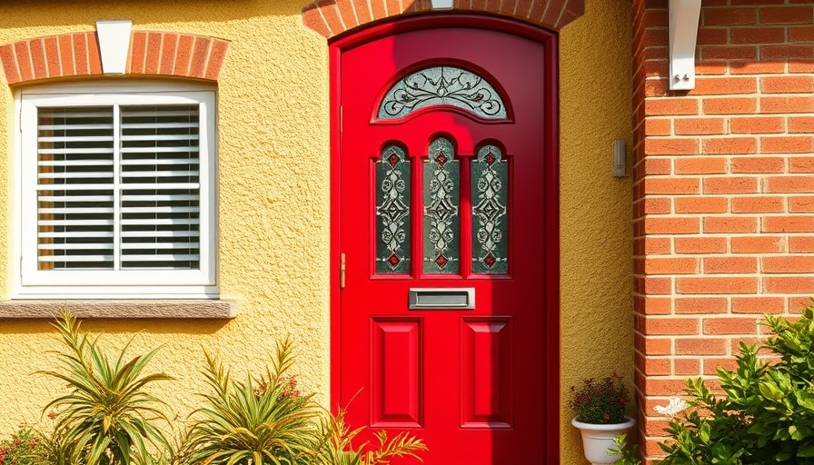 Red composite front door with stained glass, highlighting advantages.