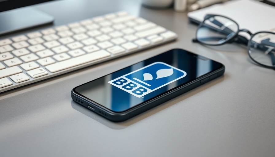 Close-up of BBB logo on smartphone next to keyboard and glasses.