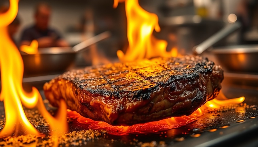 Sizzling steak being flambéed in a steak house kitchen.