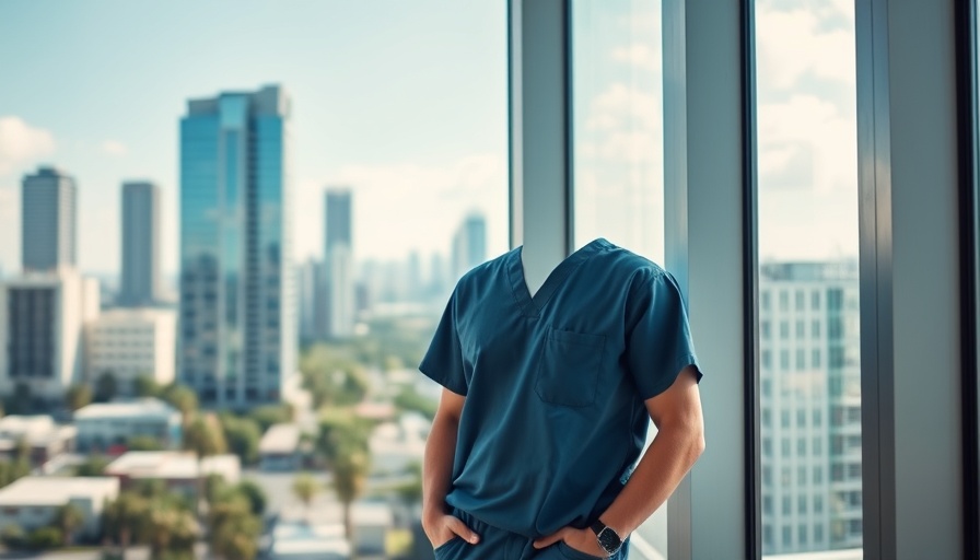 Professional in medical attire by window with cityscape.