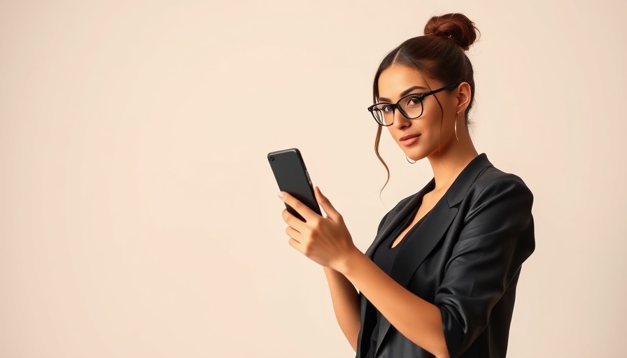 Stylish woman posing with phone, vibrant indoor setting.