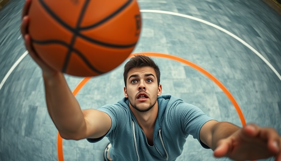 Dynamic aerial shot of young man playing basketball outdoors.