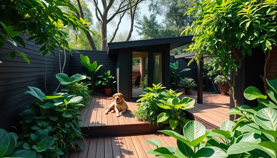 Modern garden retreat with wooden deck and lush greenery