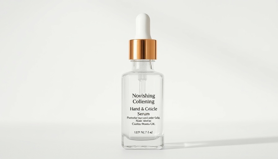 Clear glass bottle of Navy Hand & Cuticle Serum with gold cap