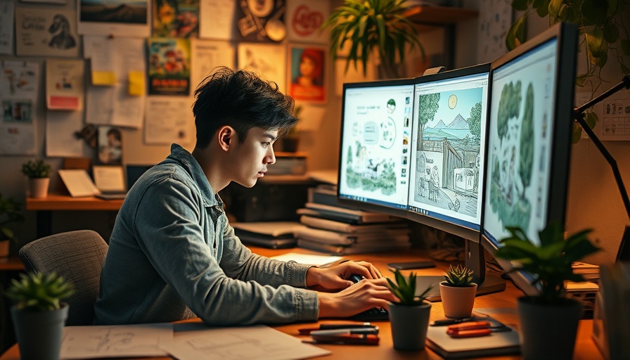 Designer creating social media header design in cozy workspace