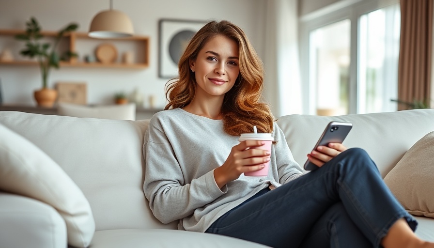 Casual woman relaxing on couch with phone and cup, modern living room.