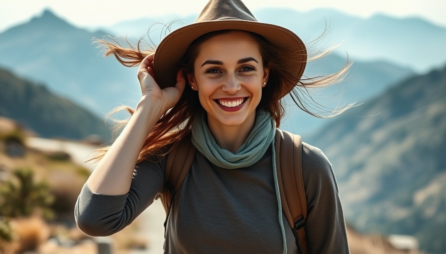 Woman hiking on a mountain trail smiling, emphasizing enjoying nature.