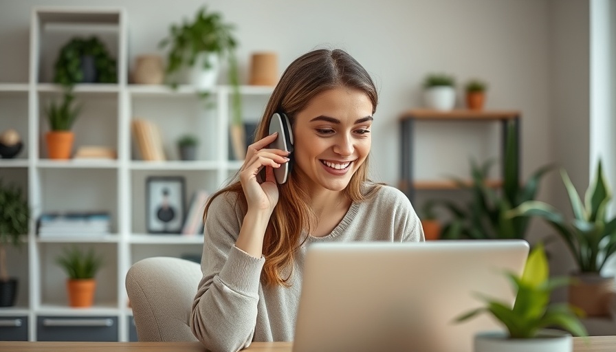 Young woman in a home office setting, talking on the phone while using a laptop.