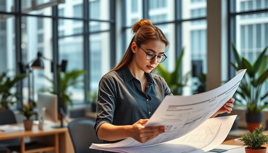 Professional reviewing blueprints in a modern office.