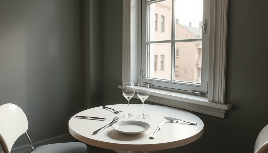 Elegant table setting with silverware near window in minimalist room.