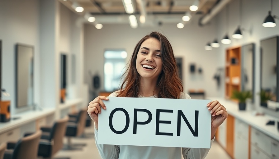 Joyful woman holding open sign at best beauty salon near me.