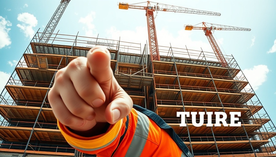 Construction worker at a site with extensive scaffolding, conveying urgency.