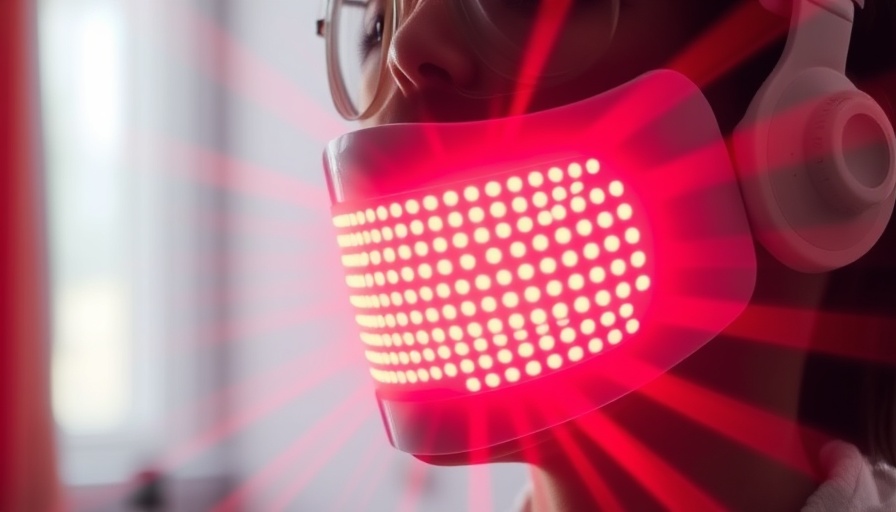 Person wearing LED skin therapy mask with red light.
