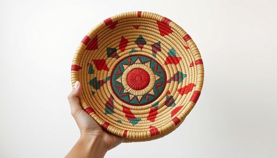 A person holds a colorful woven basket with black handles in a minimalistic setting.