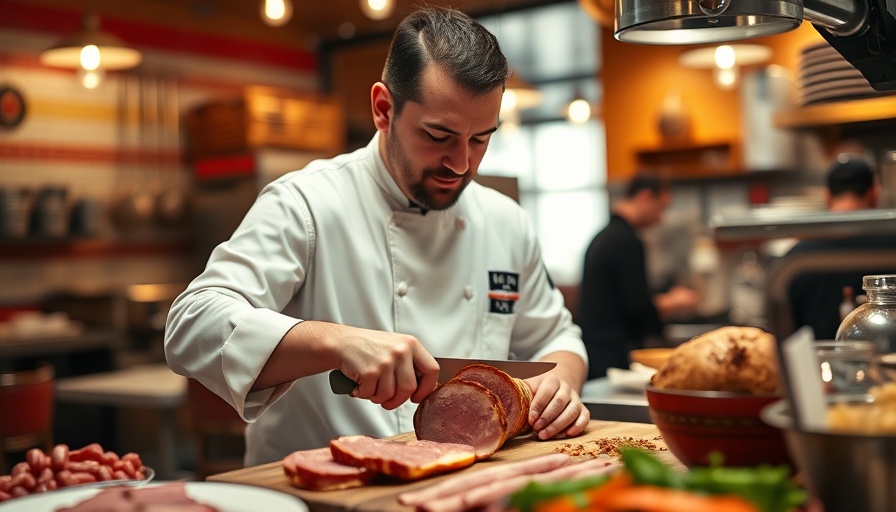 Pastrami Sandwich Showdown: chef skillfully slicing fresh pastrami.