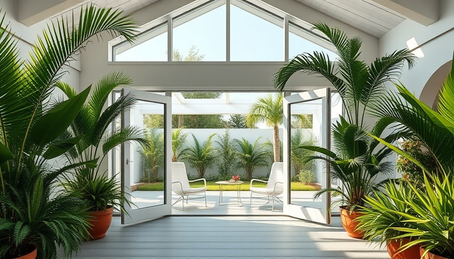 Multipurpose garden room with open glass doors and lush plants