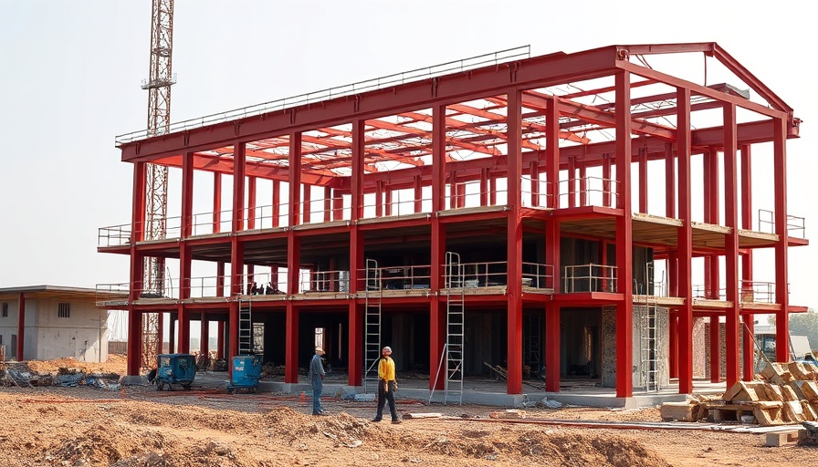 Partially constructed red steel building at a construction site