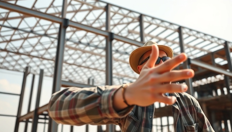 Building a steel equipment shed construction site, man explaining.