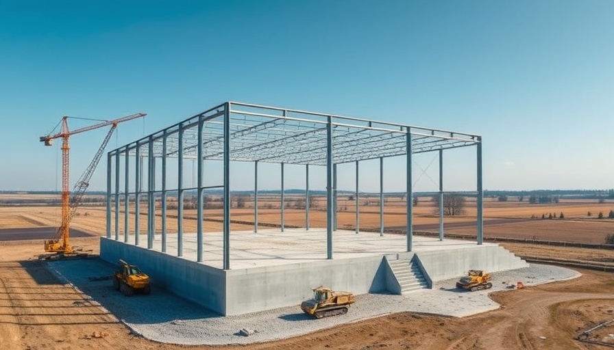 Aerial view of pre-fab steel building frame in rural setting.
